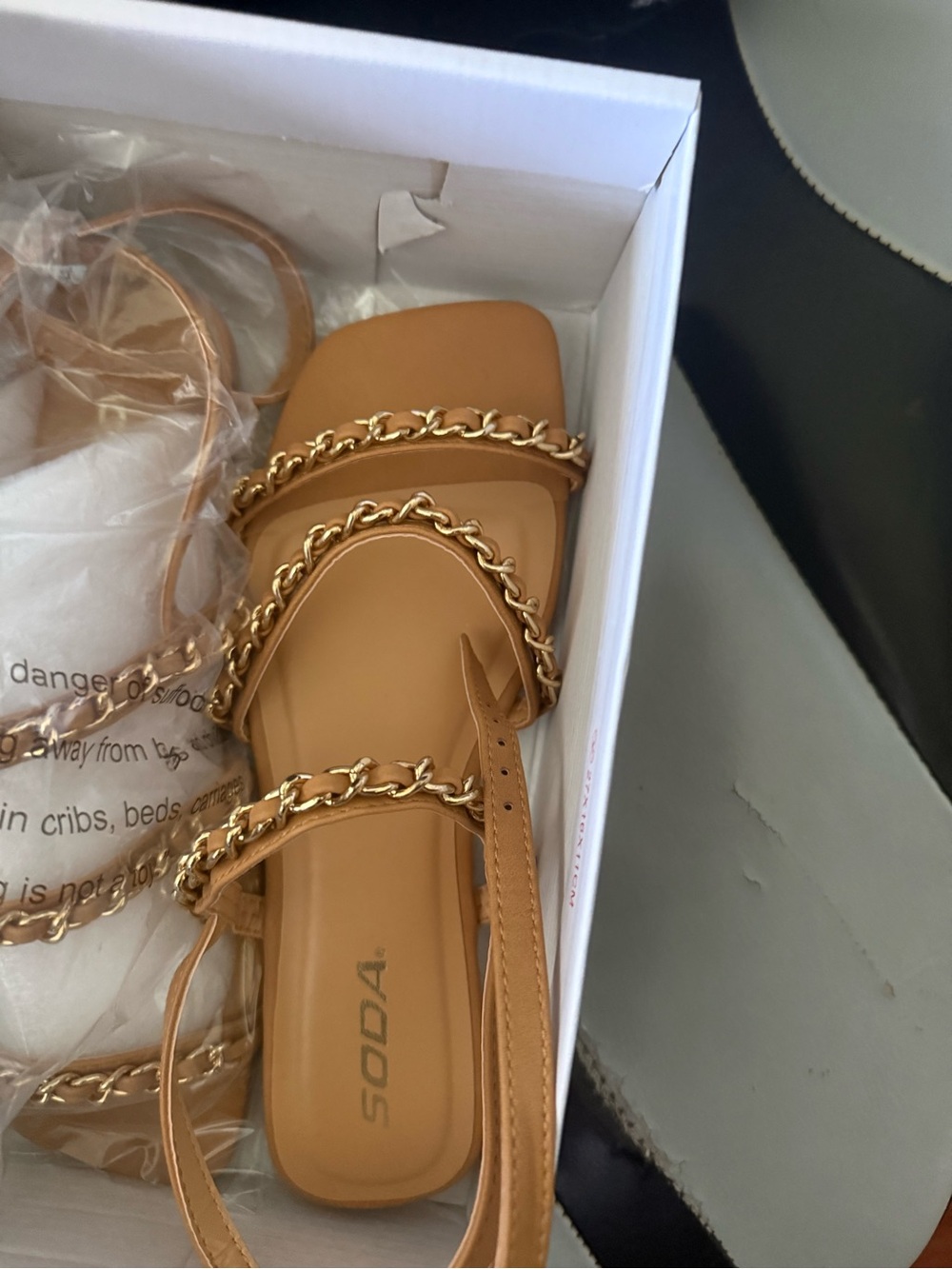 NEW! Soda Tan Chain-Strap Square Toe Sandals